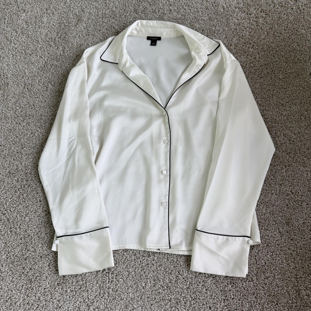 Ann Taylor Factory Shirt Womens S White Piped Button Up Long Sleeve Basic Top
